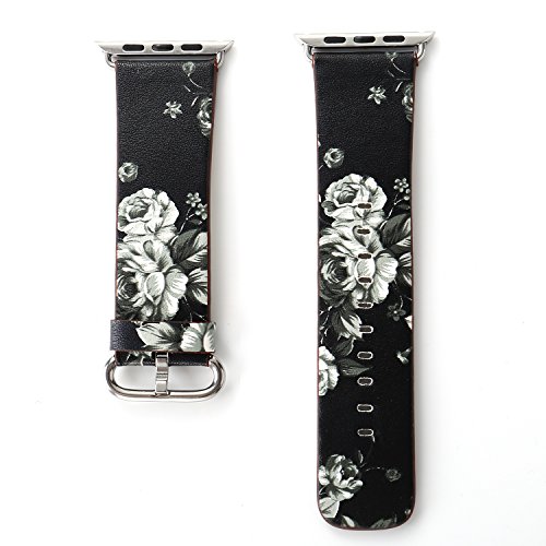 YOSWAN Bracelet For Apple Watch, National Black White Floral Printed Leather Watch Band 38mm 42mm Strap For Apple Watch Flower Design Wrist Watch Bracelet, 38 mm, Black/White Flower - Thumbnail 3