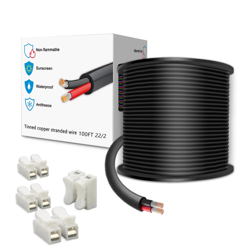 LEADTOPS 100FT 22 Gauge 22/2 2 Conductor Electrical Wire 2 Core 2x0.3mm² Cable for LED Light, Automotive, Boat Equitment