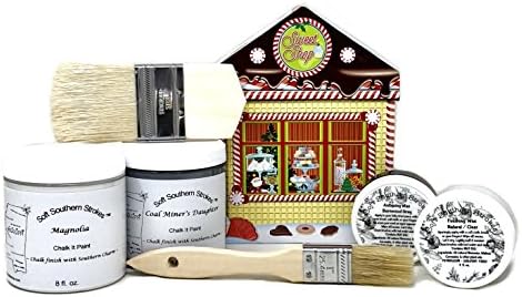 Chalk Finish Paint Holiday Gift Set - Kit 2 Chalk It Paints, 1-Clear Finishing Wax, 1-Antiquing Wax, 2 Brushes In Gift Box! (Coal Miners Daughter &amp; Magnoia)