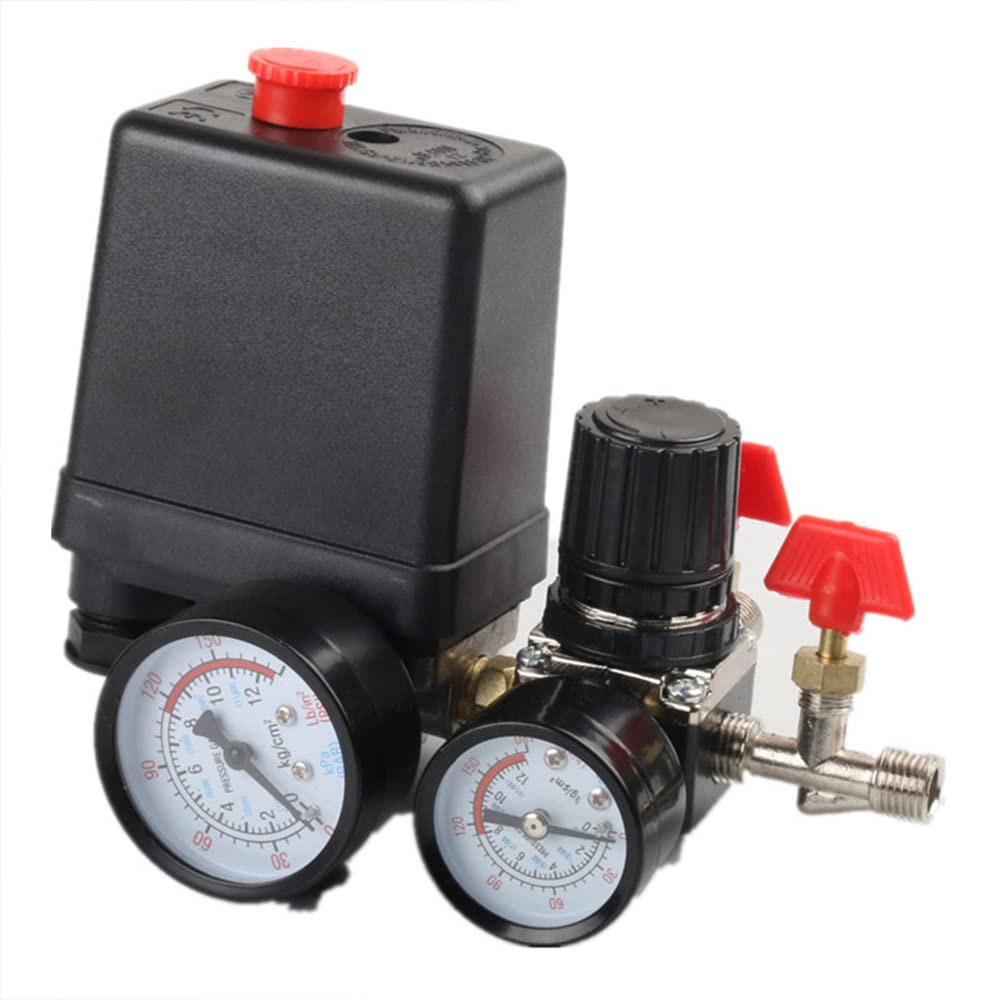 Tiardey Pressure switch Air Compressor Control Valve 90-120PSI + Pressure Regulator, Air Compressor Four-hole Square Outlet Valve 2 points Safety Valve