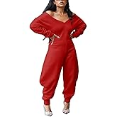 YOUFE Womens Sexy Solid Color Jumpsuit Comfy V Neck Off Shoulder Long Sleeve Wide Leg Romper Baggy Club Sweatsuit Outfit