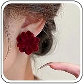 Vintage Red Velvet Flower Earrings Wedding Camellia Flower Studs Red Rose Suede Earrings Velvet Floral Petal Statement Earring Jewelry for Women