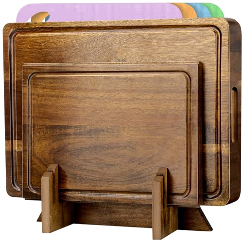 Muja Juego de 3 Tablas para Picar, Juego de Tablas para Picar Cocina con Soporte, con 4 Piezas Alfombrillas para Cortar de Plástico Flexible Perfectas Como Herramientas (43 * 33Madera)