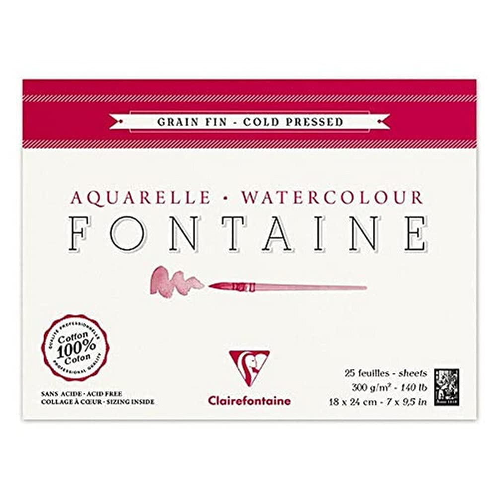 Clairefontaine - Ref 96413C - Fontaine Cold Pressed Watercolour Glued Pad (25 Sheets) - 18 x 24cm Size, 300gsm Paper - Suitable for Watercolour Artwork