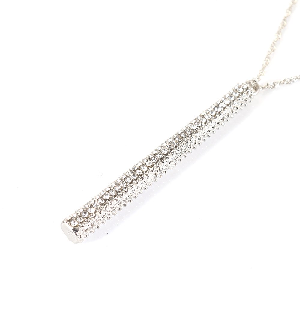 ELEARD Silver Bar Pedant Necklace Vertical Bar Drop Pedant with Crystal Paved Twist Chain Long Necklace