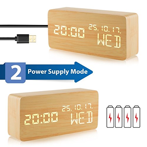 image for Kindak Led Digital Analog Alarm Clocks, Wooden Travel Clock with Time/
