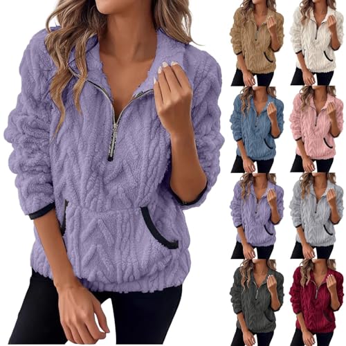 Ladies Jumpers Quarter Zip Jumper Women Long Sleeve Tops Women with Pocket Women's Lapel Half Zipper Plush Sweatshirt Womens Sweaters Women's Jumpers
