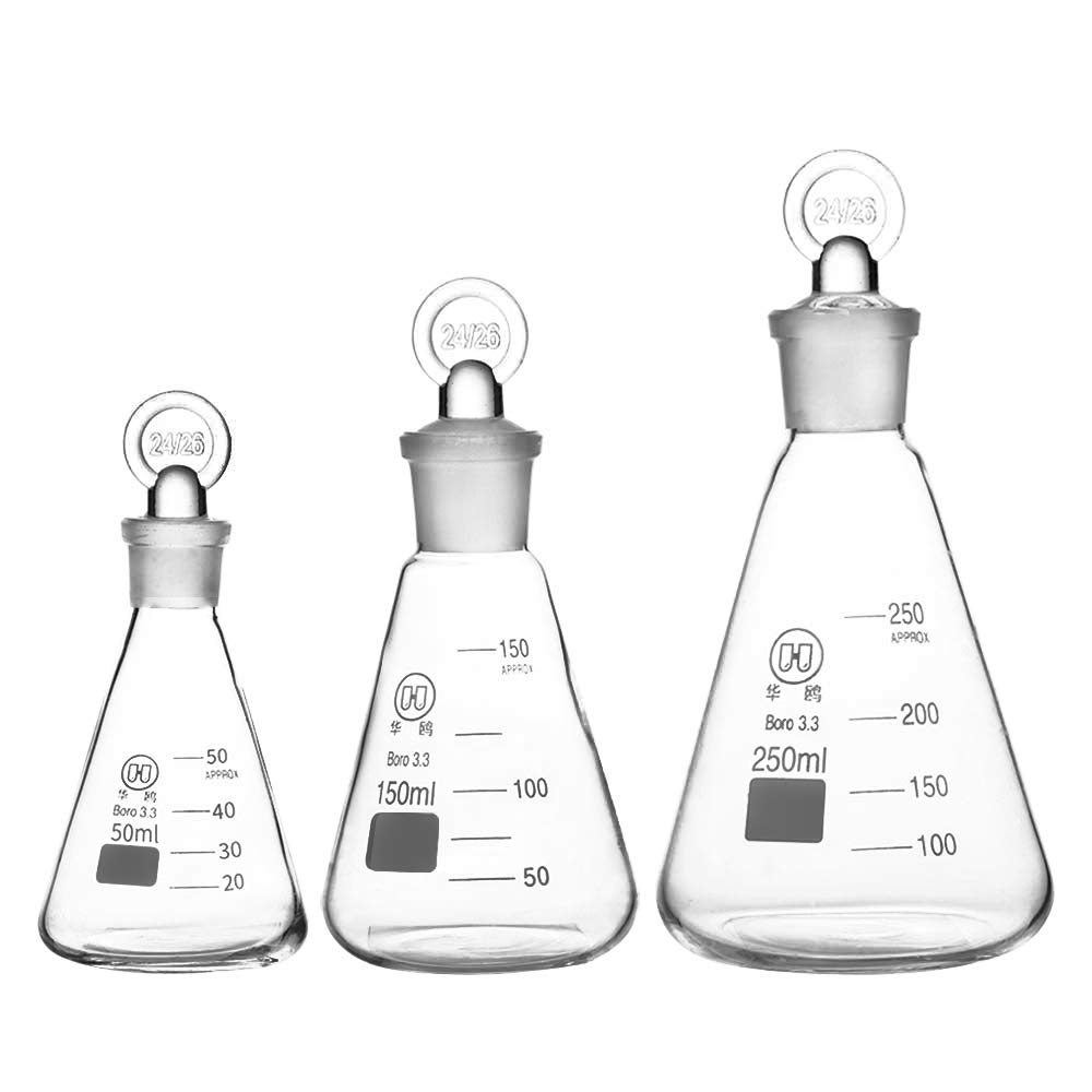 Erlenmeyer Conical Flask With Glass Stopper And Graduation Borosilicate 3 3 Glass Lab Glassware Set Of 50ml 150ml 250ml Amazon Com Industrial Scientific