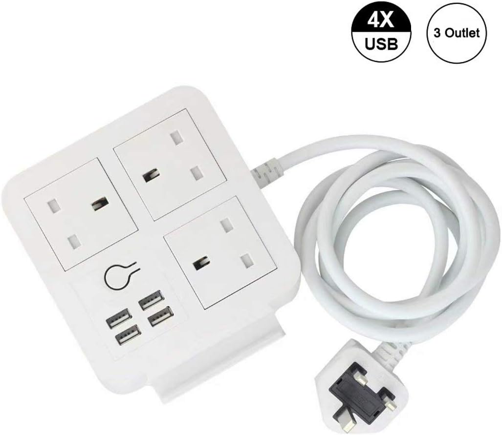 Power Extension Lead, wonplug 3 Way Outlet 4 USB Ports 6A Power Strip Socket with 2M Power Cord Support iPad iPod Smart Phones (White)