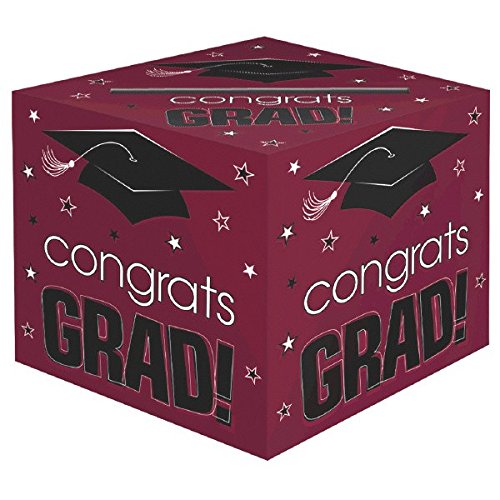 Amscan School Colors Graduation Party Congrats Grad! Card Box Holder, Berry, Black and White, Paper, 12" x 12" x 12"