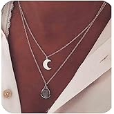 Yheakne Boho Layered Moon Necklace Choker Silver Teardrop Moonstone Pendant Necklace Layering Crystal Necklace Vintage Crescent Necklace Jewelry for Women