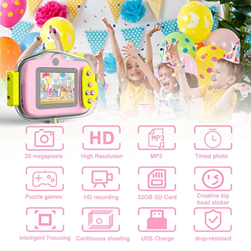 Kinder Kamera TODEHI wasserdichte Kinderkamera 1080P HD Digitalkamera mit 2,0” IPS Bildschirm 32GB SD-Karte Silikonhülle Spielzeugkamera Geschenke für Jungen Mädchen im Alter von 3-12, Pink