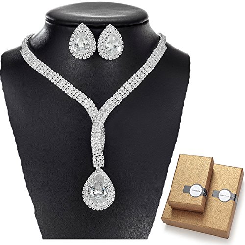 TENGZHEN Silver Rhinestone Choker Necklace and Earrings Jewelry Sets for Women Bridal Wedding Party Prom