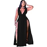 Ekaliy Women's Plus Size Sleeveless Deep V Neck Front Split Long Maxi Wrap Dress