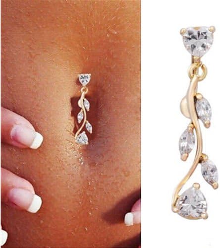 Sumanee Sparkling Reverse Belly Ring Dangle Clear Navel Bar Gold Body Jewelry Piercing