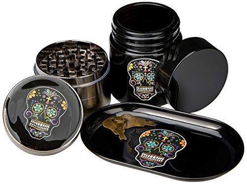 Fess Product Day Of The Dead Stash Box Combo - 2.5 Inch Heavy Full Size Titanium 4 Part Herb Grinder - DOD UV Glass stash jar - Day Of the Dead Engraved Wood Bamboo Box