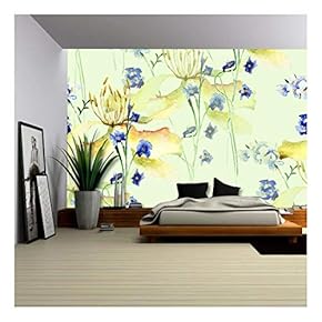 Illustration - Seamless Pattern with Original Flowers, Watercolor Illustration - Removable Wall Mural | Self-Adhesive Large Wallpaper - 66x96 inches