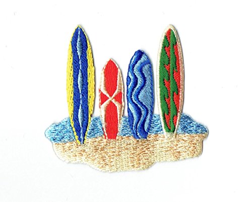 Four Colorful SurfBoards in Sand Beach Iron On Embroidered Applique Patch
