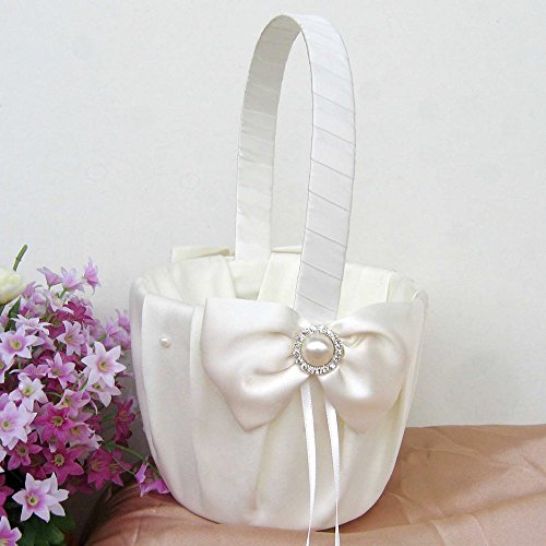 Wedding Flower Girl Basket Rings For Ring Bearer Pillow Garter Guest Book Pen Wedding Set Decoration Ribbon Ceremony Party Favors For Guests (New Ivory with Pearl)