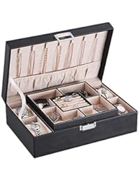 BEWISHOME Jewelry Box Organizer with 4 Watch Case Removable Tray Jewelry Display Storage Case - 7 Necklace Hook - Velvet Lining - Earring Ring Bracelet Case for Women Girls - Black PU Leather SSH07B