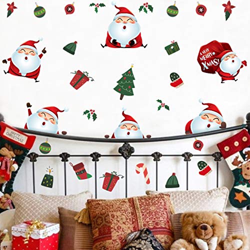 Santa Claus Wall Decals(38 Decals), Bauble Wall Stickers, Christmas Tree Stocking Gift Mistletoe Wall Art for Christmas Day Window Cling Door Bedroom Home Decor