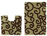 Cotton Craft - 2 Piece Bath Rug Set - New Scroll - Sage Chocolate - 100% Pure Cotton with Latex Back - High Quality - Super Soft and Plush - Hand Tufted Heavy Weight Durable Construction - Larger Rug is 21x32 Oblong and Second rug is Contour 21x20 - Other Styles available - Large Scroll, Greek Key, Palm Tree, Grid Stripe, Solid Reversible, Pebbles, Tweed Race Track and Solid Reversible Race Track - Easy care machine wash