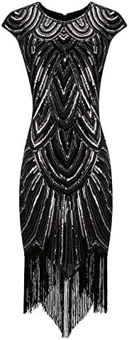 BelinlaAny Women's 1920s Retro Diamond Sequined Embellished Fringed Flapper Dress (Large, black002)