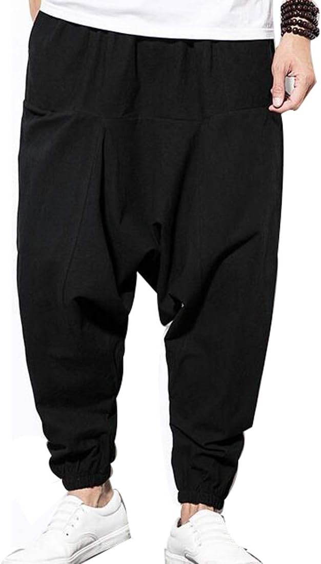 HZCX FASHION Men's Vintage Cotton Blends Linen Drop Crotch Jogging Harem Pants