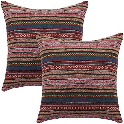 Cotton Linen Throw Pillow Cover Bohemia Stripe Pillow Case with Zipper Decorative Cushion Covers For Couch Sofa Lounge,18"x18",2 Packs
