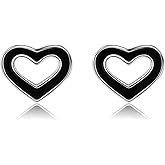 Reffeer Solid 925 Sterling Silver Black Heart Stud Earrings for Women Teen Girls Cute Heart Stud Earrings
