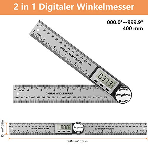 kungfuren Digitaler Winkelmesser, 2 in 1 Winkelmesser, Winkelschmiege Lineal mit LCD Anzeige, HOLD Funktion, 400 mm… – Bild 3