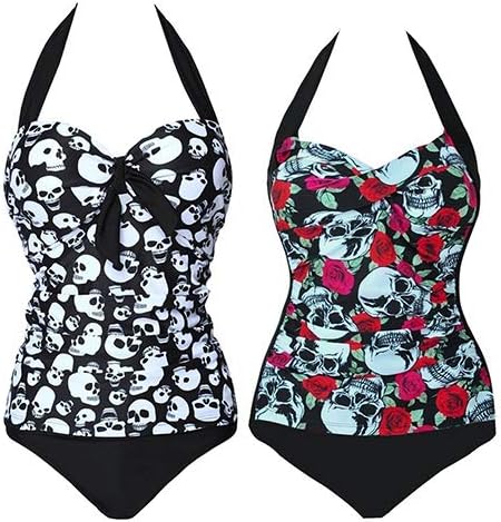 XKSIKjian Women Gothic Skull Swimwear Halter Backless Swimsuit Push up Two-Piece Bathing Suit - Multicolor XXXL