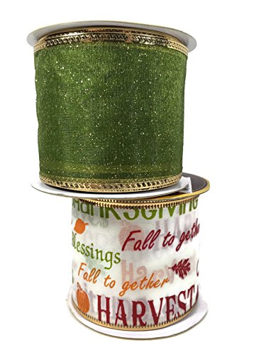 Autumn Theme Wire-Edged Ribbon Bundle: Two Items (Green Harvest)