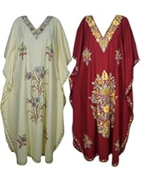Mogul Womens Caftan Kashmiri Embroidered Kaftan Holiday Maxi Dress Wholesale Lot Of 2Pcs