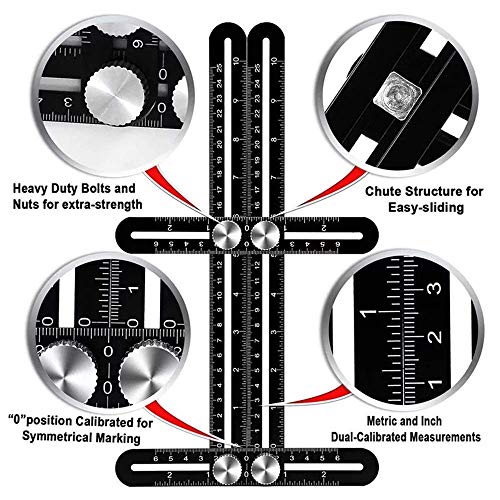 GlowGeek Multi-function Ruler-Universal Angularizer Ruler - Stainless Steel Black Unbreakable Thick Angle Ruler Template Tool, Laser Etched Markings, Carpenter Pencil, Cloth Case and Box （Black） - Thumbnail 3