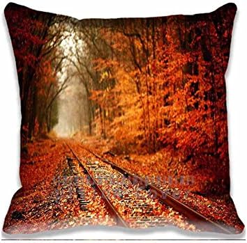 Cotton Polyester Pillowcase 18x18inch Twin Sides,Fall Leaves on Railways Pillow Case Coushion Cover Protector Decorative for Home Hotel Couch Bed