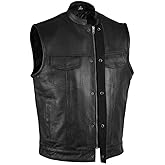 EXCELSIOR INT Men's SOA Style Leather Motorcycle Vest – Sleeveless Biker Jacket with Concealed Pocket – Black Riding Vest