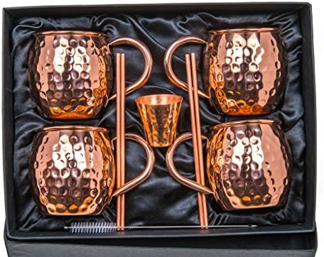 100% Pure Copper Mugs Moscow Mule, Set of 4, Authentic Hammered Handcrafted 16oz Cups w/ Welded Copper Handles | Gift Box Includes Copper Shot Glass + 4 Straws + Straw Cleaner + Recipe Book