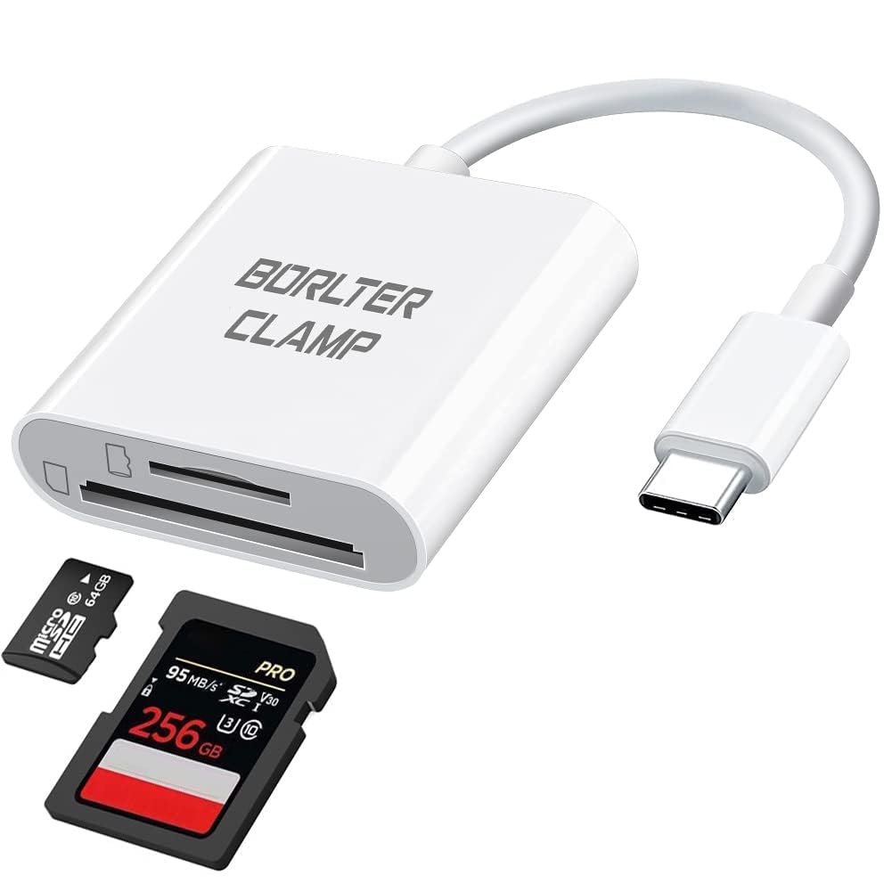 USB C to SD Card Reader, BorlterClamp Type C to SD/Micro SD Memory Card Reader Adapter Compatible with MacBook, Laptops, Tablets, Smartphones (White)