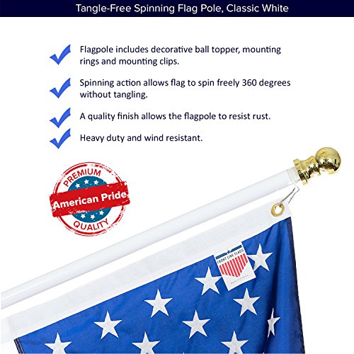 Front Line Flags Flag Pole: 6' Ft White Aluminum Flagpole | Spinning & Tangle Free | Heavy Duty | Wind Resistant and Rust Free | Best Quality Wall Mount Flagpole P/N FL6W