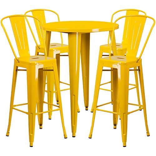 Flash Furniture 30” Round Yellow Metal Indoor-Outdoor Bar Table Set with 4 Cafe Stools