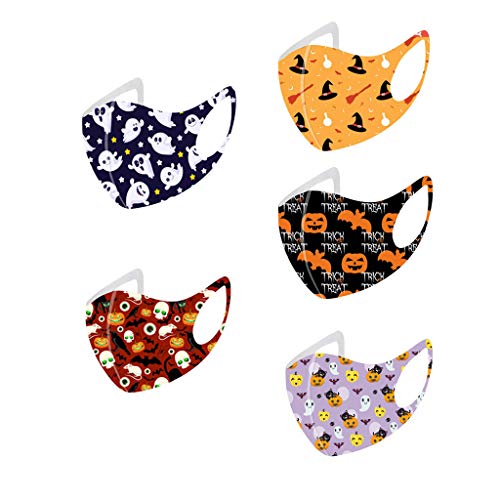 5 Pcs Fashion Halloween Cloth Fabric Facial Bandanas, Unisex Earloop 5 Printed Washable, Reusable (G,5PCS)