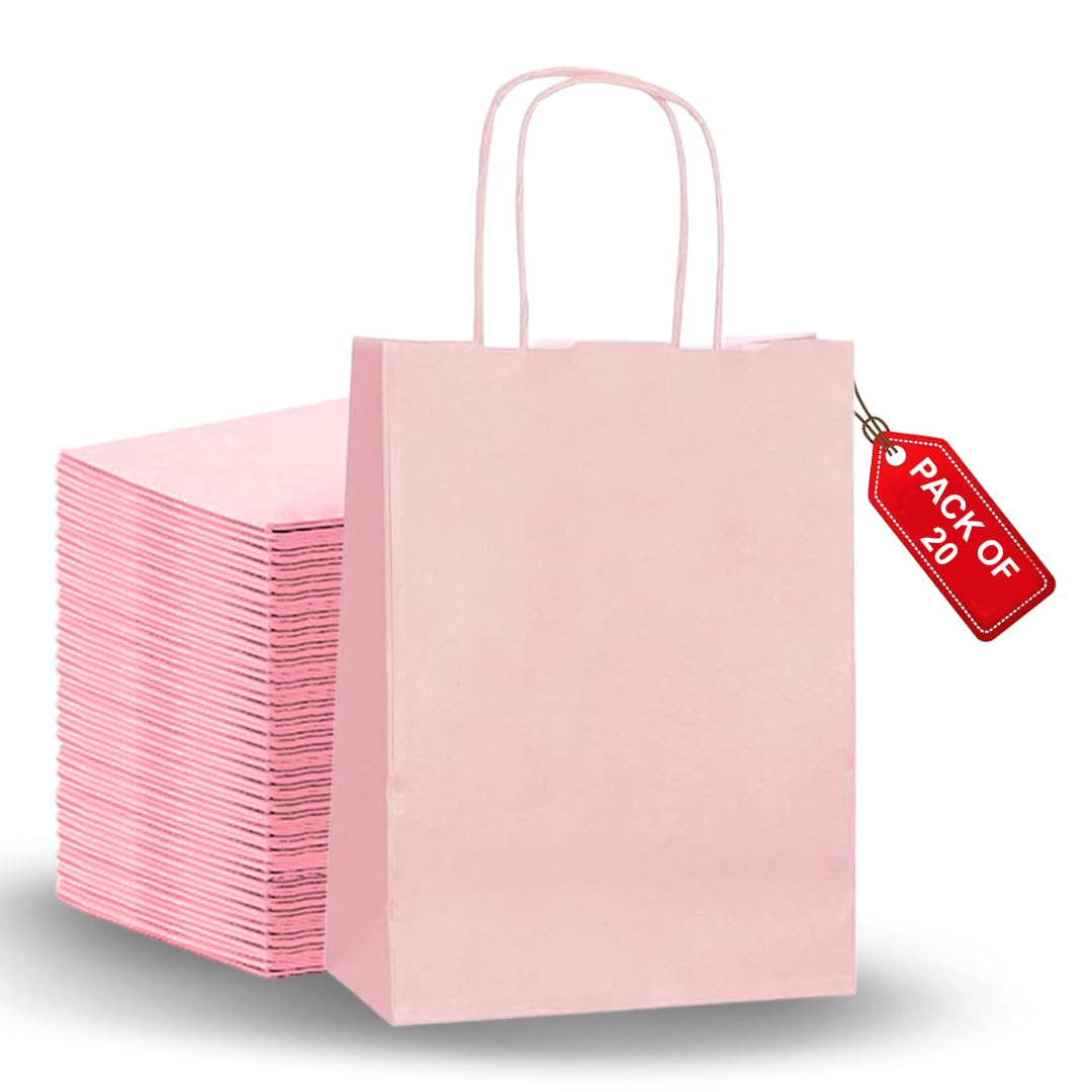SMALL 20 Pcs Paper party bags for kids party - Gift carrier with twisted handles - Pink gift bags Perfect for Thanksgiving, Anniversary, Kids Birthday, Weddings, Baby Showers (31×21×11 CM)