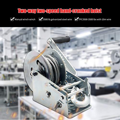 Lasamot 3500lbs Dual Gear Hand Winch Hand Crank Manual Boat ATV RV Trailer 33ft Cable - Image 3