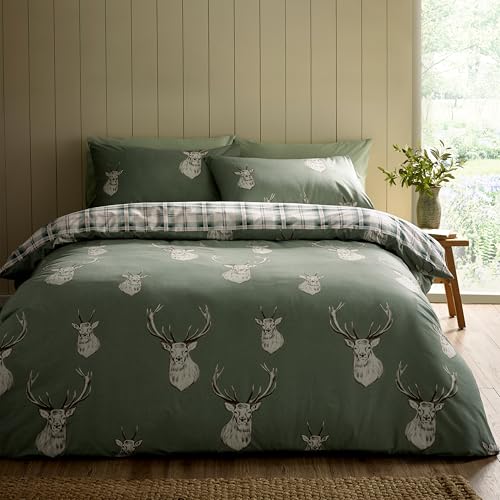 Catherine Lansfield Stag Check omkeerbare kingsize dekbedovertrek set met kussenslopen zacht groen