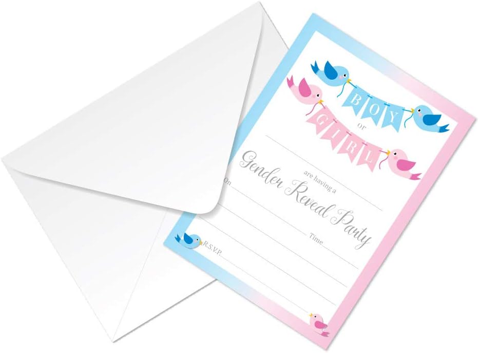 Baby Shower 'Gender Reveal' Invitations - 'Bunting and Birds' Design - White or Pink/B;ue - Pack of 16 with envelopes (Pink and Blue)