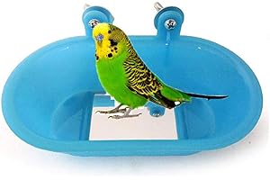 KEER Bird Bath with Mirror Toy for Pet Small Medium Parrot Budgie Parakeet Cockatiel Conure Lovebird Finch Canary African Grey Cockatoo Amazon Cage Healthy Shower Bathing Tub Food Feeder Bowl (A)