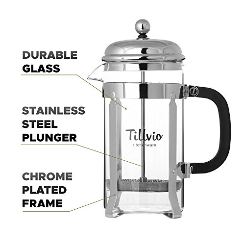 Tillvio French Coffee Press - Large Pot with Extra Durable Glass, Enhanced Filtration and 2 Replacement Filters for Easy Brewing and Original Taste - 1000 ml / 32 ounce / 8 cup / 1 liter Home & Kitchen, Kitchen & Dining, Coffee, Tea & Espresso, Coffee Makers, French Presses