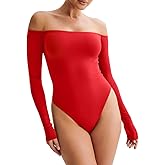 HYZ Women's Sexy Off The Shoulder Long Sleeve Backless Basic Going Out Thong Bodysuit Tops