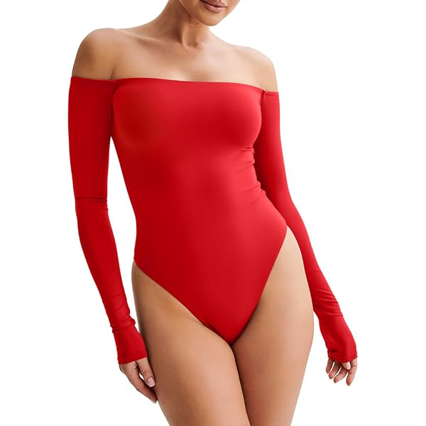 Tunlaud Body de manga larga para mujer, sexy, con hombros descubiertos, cuello asimétrico, leotardo, camisa, tops, Rosa Rojo Tunlaud Body de manga larga para mujer, sexy, con hombros descubiertos, cuello asimétrico, leotardo, camisa, tops, Rosa Rojo